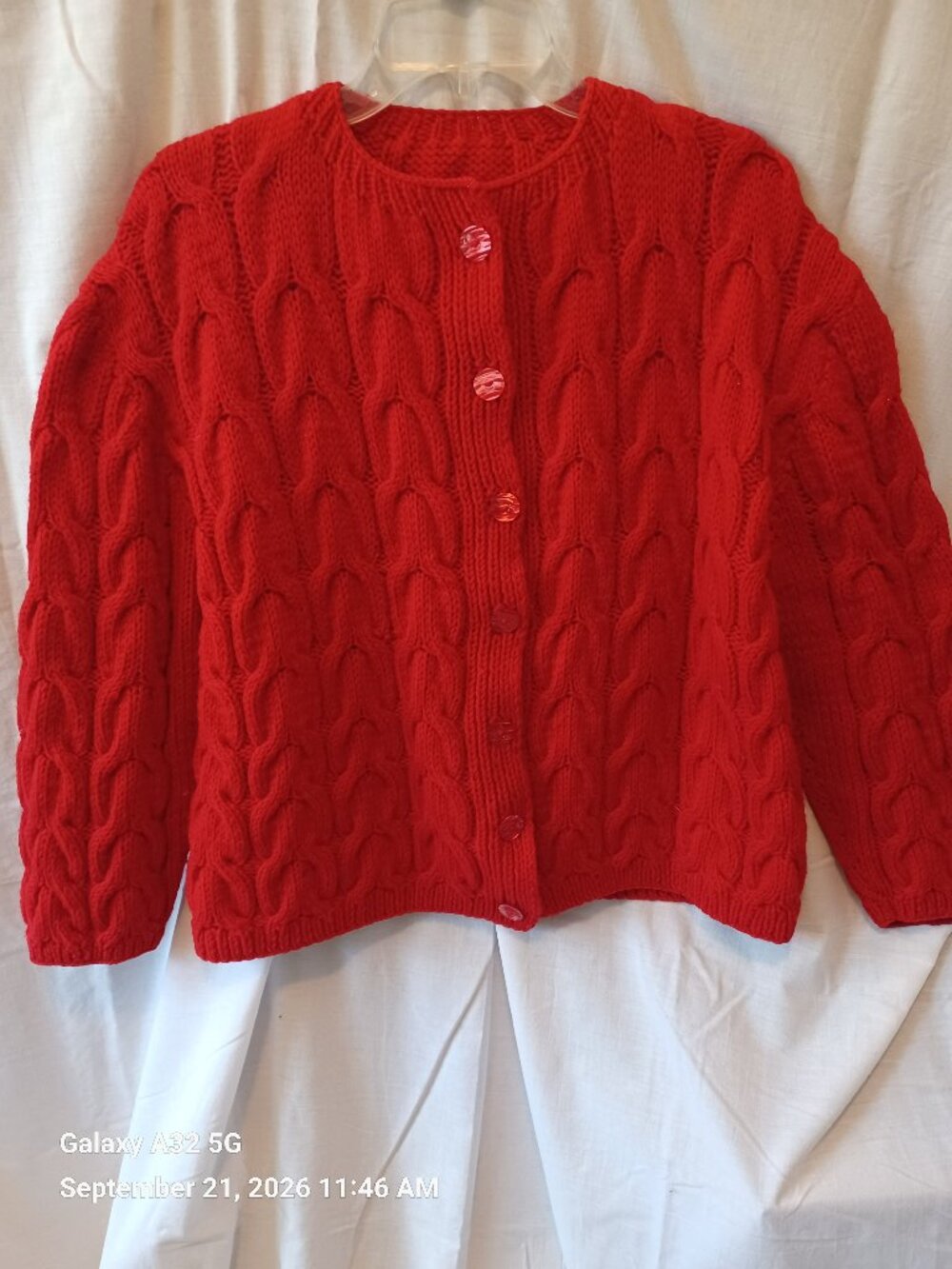 Women's Hand Knit Red Wool Cable Sweater L/XL